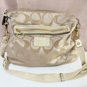 Coach Beige Metallic Gold Shoulder Bag W Heart Charm Adj Strap Pockets